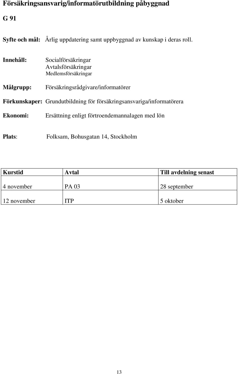 Förkunskaper: Grundutbildning för försäkringsansvariga/informatörera : Ersättning enligt förtroendemannalagen med lön