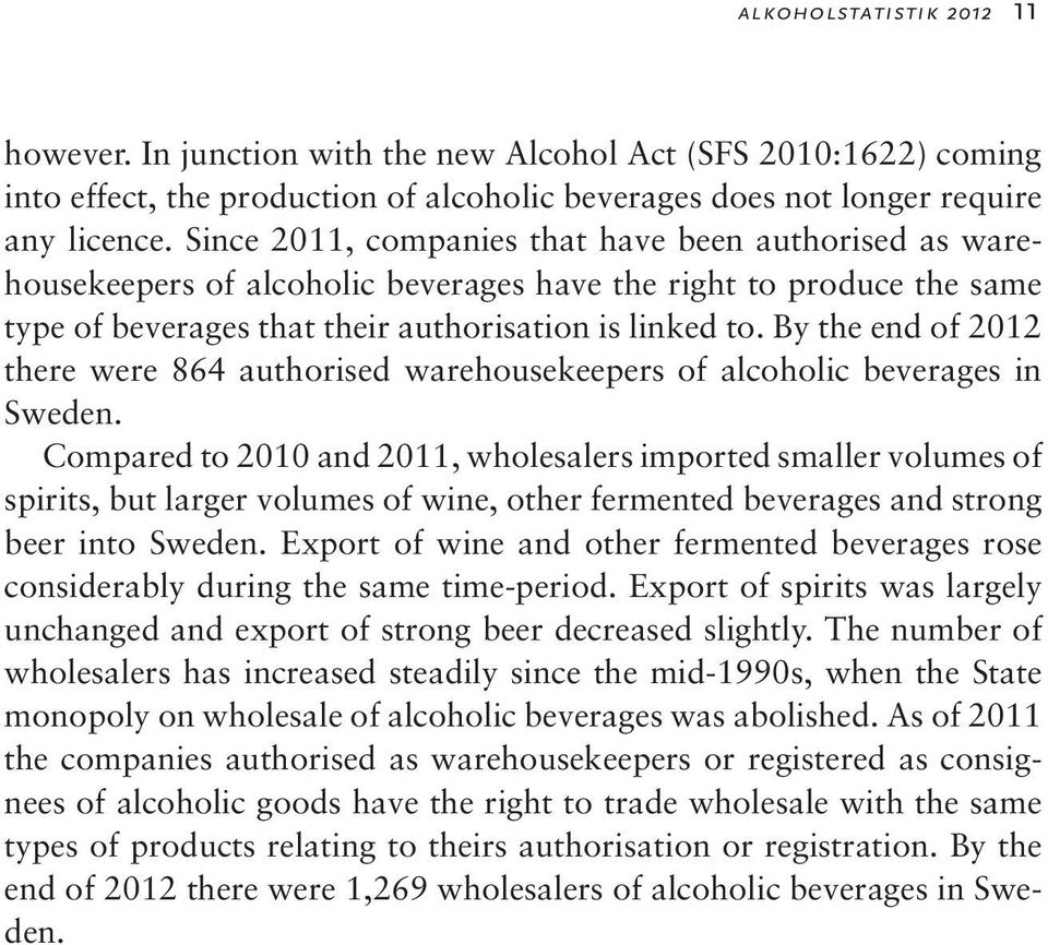 By the end of 2012 there were 864 authorised warehousekeepers of alcoholic beverages in Sweden.