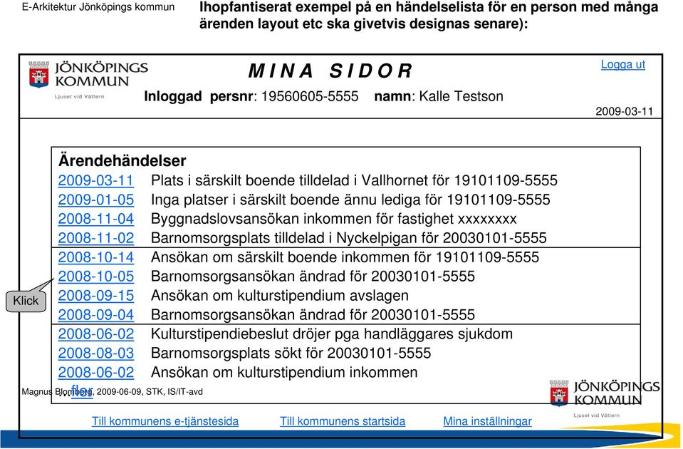 Byggnadslovsansökan inkommen för fastighet xxxxxxxx 2008-11-02 Barnomsorgsplats tilldelad i Nyckelpigan för 20030101-5555 2008-10-14 Ansökan om särskilt boende inkommen för 19101109-5555 2008-10-05