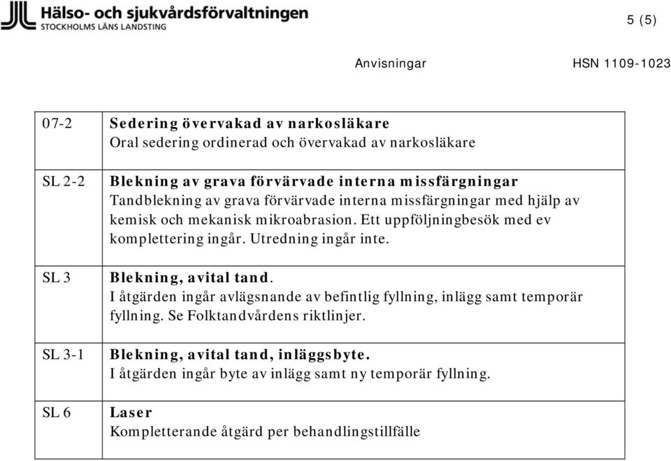 Ett uppföljningbesök med ev komplettering ingår. Utredning ingår inte. Blekning, avital tand.