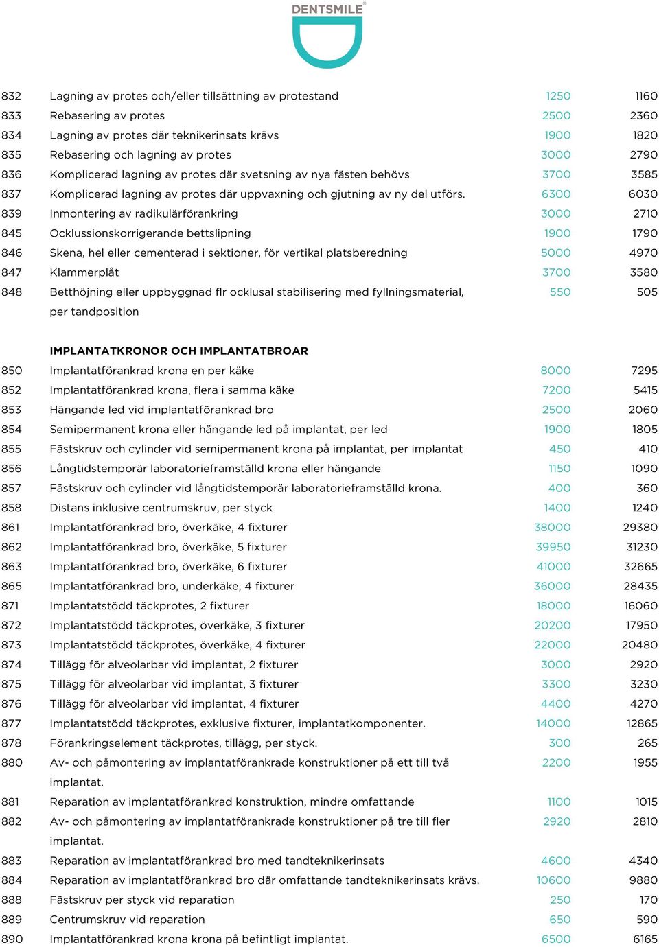 6300 6030 839 Inmontering av radikulärförankring 3000 2710 845 Ocklussionskorrigerande bettslipning 1900 1790 846 Skena, hel eller cementerad i sektioner, för vertikal platsberedning 5000 4970 847