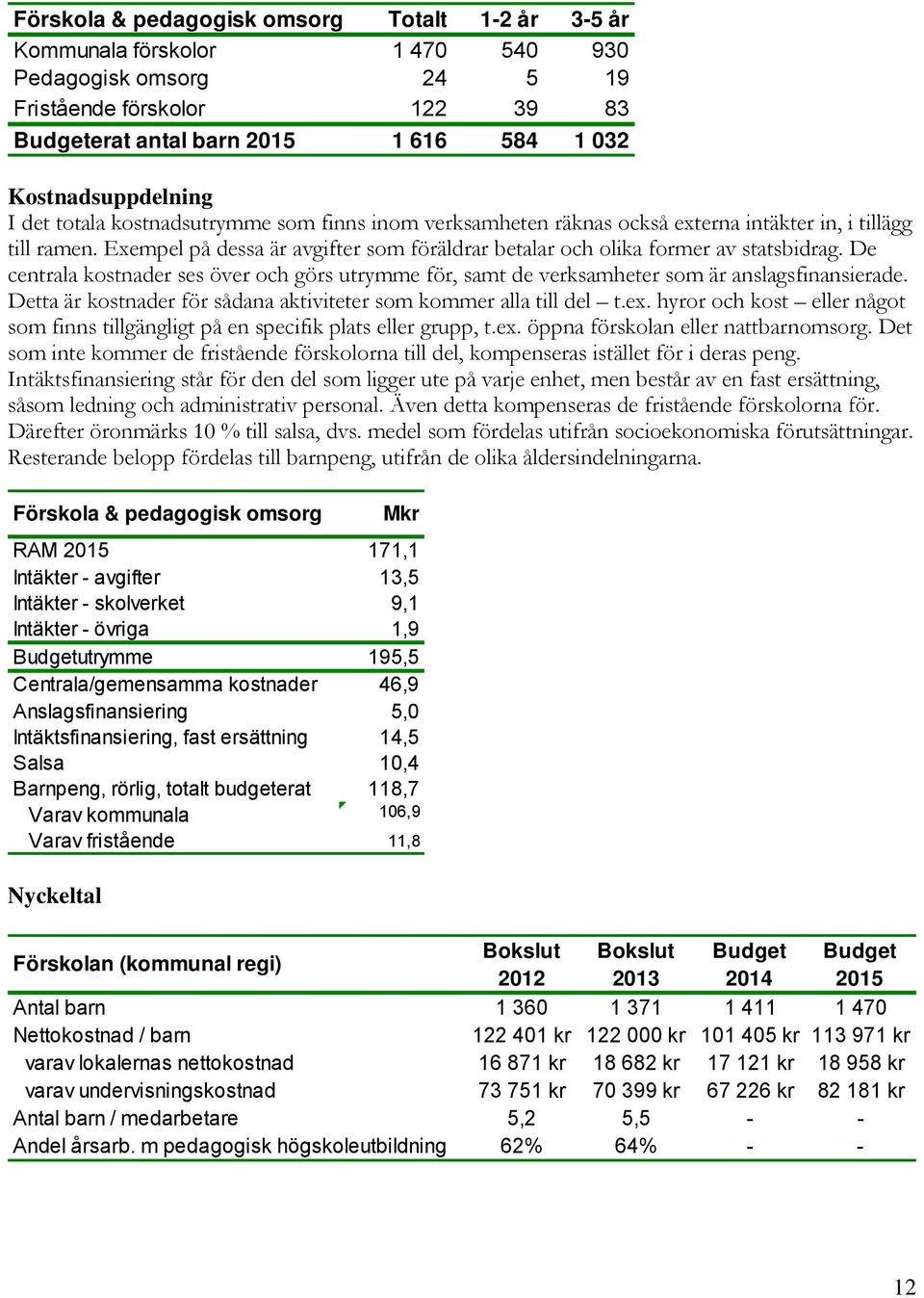 Exempel på dessa är avgifter som föräldrar betalar och olika former av statsbidrag. De centrala kostnader ses över och görs utrymme för, samt de verksamheter som är anslagsfinansierade.