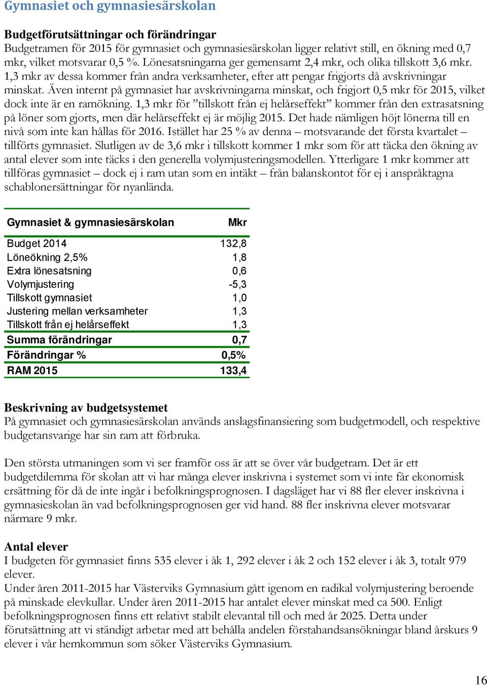 Även internt på gymnasiet har avskrivningarna minskat, och frigjort 0,5 mkr för 2015, vilket dock inte är en ramökning.