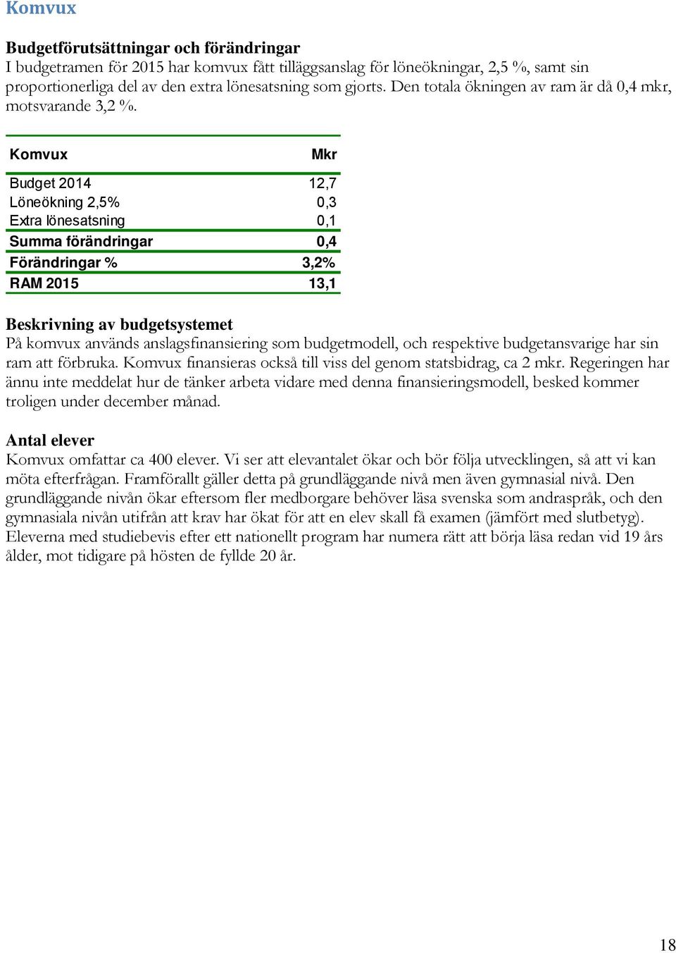 Komvux Mkr Budget 2014 12,7 Löneökning 2,5% 0,3 Extra lönesatsning 0,1 Summa förändringar 0,4 Förändringar % 3,2% RAM 2015 13,1 Beskrivning av budgetsystemet På komvux används anslagsfinansiering som