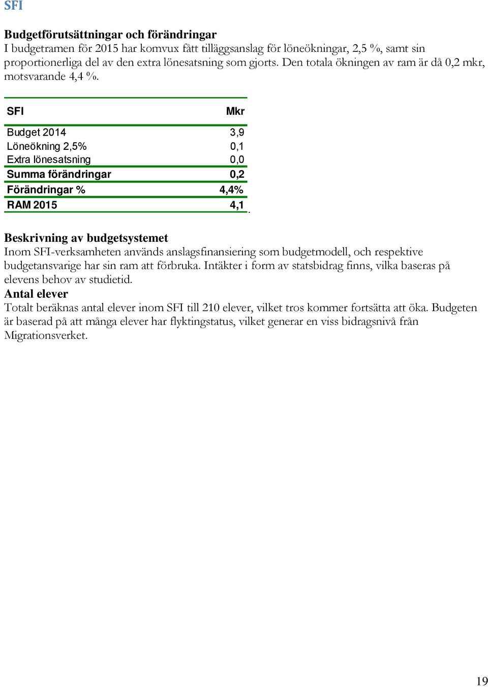 SFI Mkr Budget 2014 3,9 Löneökning 2,5% 0,1 Extra lönesatsning 0,0 Summa förändringar 0,2 Förändringar % 4,4% RAM 2015 4,1 Beskrivning av budgetsystemet Inom SFI-verksamheten används