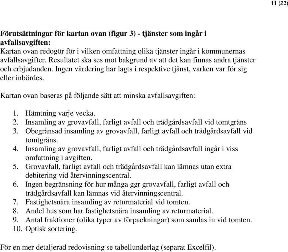 Kartan ovan baseras på följande sätt att minska avfallsavgiften: 1. Hämtning varje vecka. 2. Insamling av grovavfall, farligt avfall och trädgårdsavfall vid tomtgräns 3.