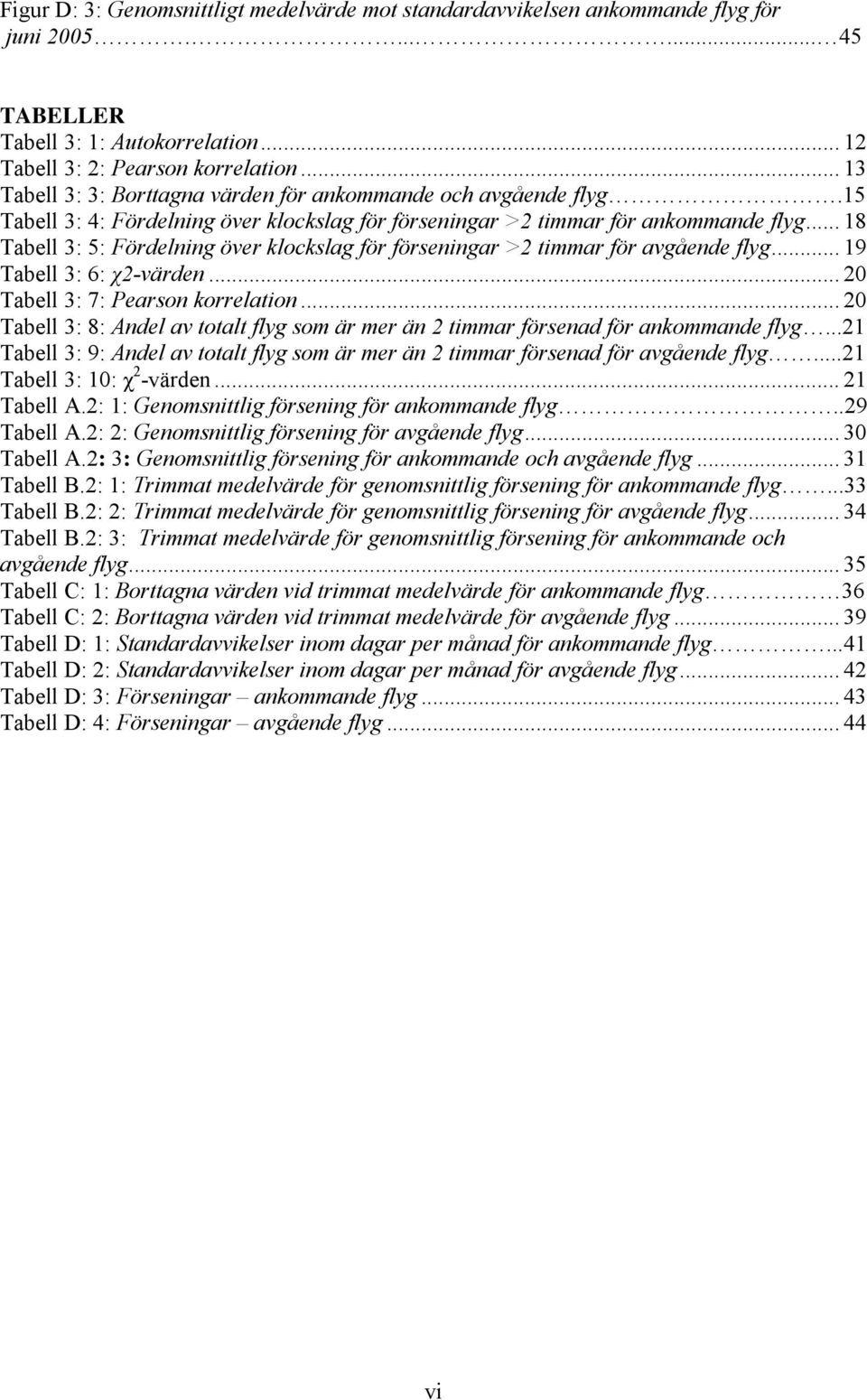 .. 8 Tabell 3: 5: Fördelning över klockslag för förseningar >2 timmar för avgående flyg... Tabell 3: 6: χ2-värden... 20 Tabell 3: : Pearson korrelation.