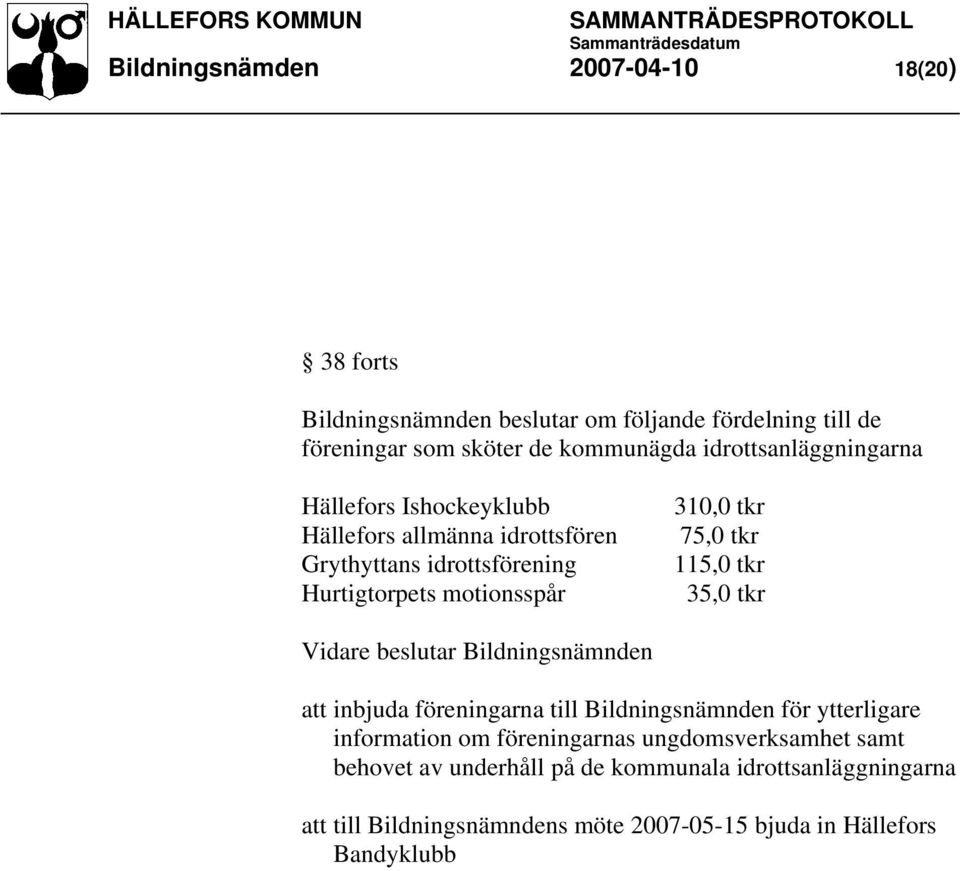 tkr 115,0 tkr 35,0 tkr Vidare beslutar Bildningsnämnden att inbjuda föreningarna till Bildningsnämnden för ytterligare information om