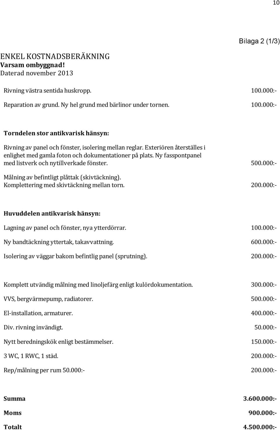 Ny fasspontpanel med listverk och nytillverkade fönster. Målning av befintligt plåttak (skivtäckning). Komplettering med skivtäckning mellan torn. 500.000:- 200.