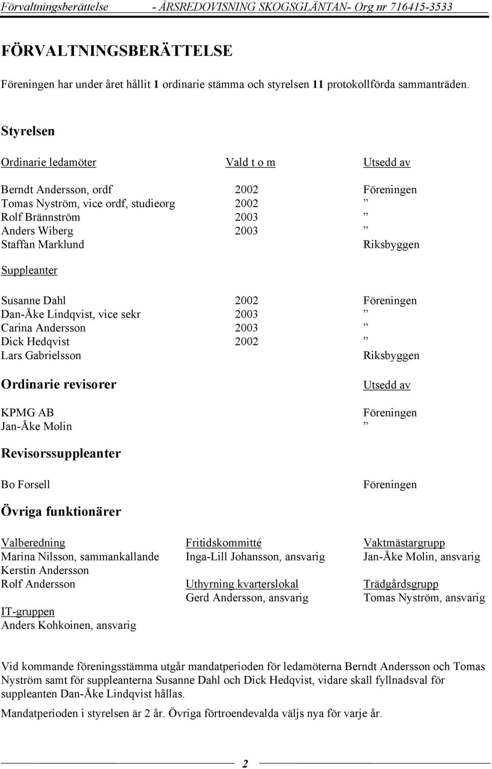 Suppleanter Susanne Dahl 2002 Föreningen Dan-Åke Lindqvist, vice sekr 2003 Carina Andersson 2003 Dick Hedqvist 2002 Lars Gabrielsson Riksbyggen Ordinarie revisorer Utsedd av KPMG AB Föreningen