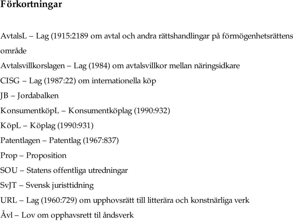 Konsumentköplag (1990:932) KöpL Köplag (1990:931) Patentlagen Patentlag (1967:837) Prop Proposition SOU Statens offentliga