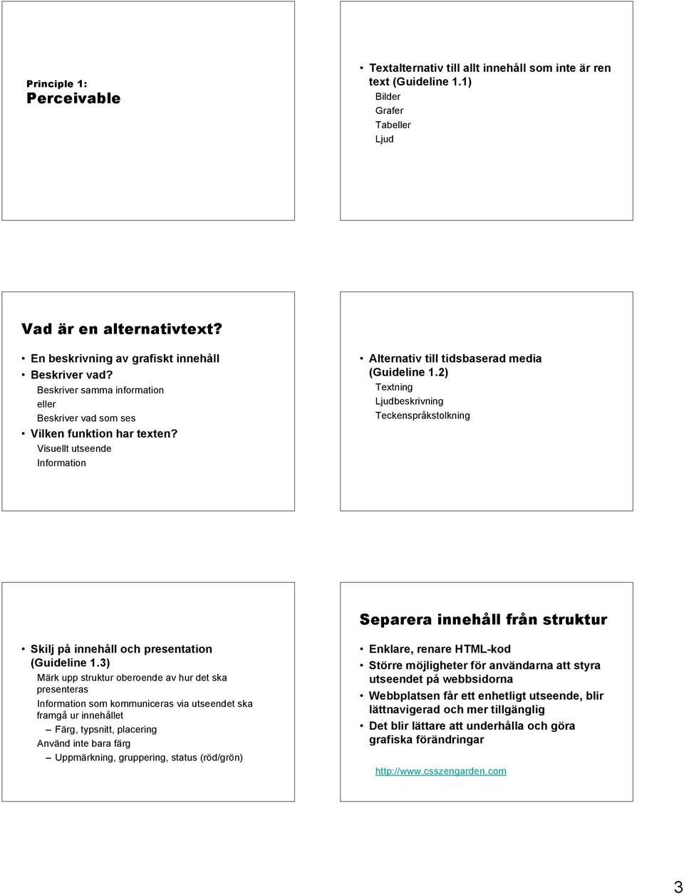 2) Textning Ljudbeskrivning Teckenspråkstolkning Separera innehåll från struktur Skilj på innehåll och presentation (Guideline 1.
