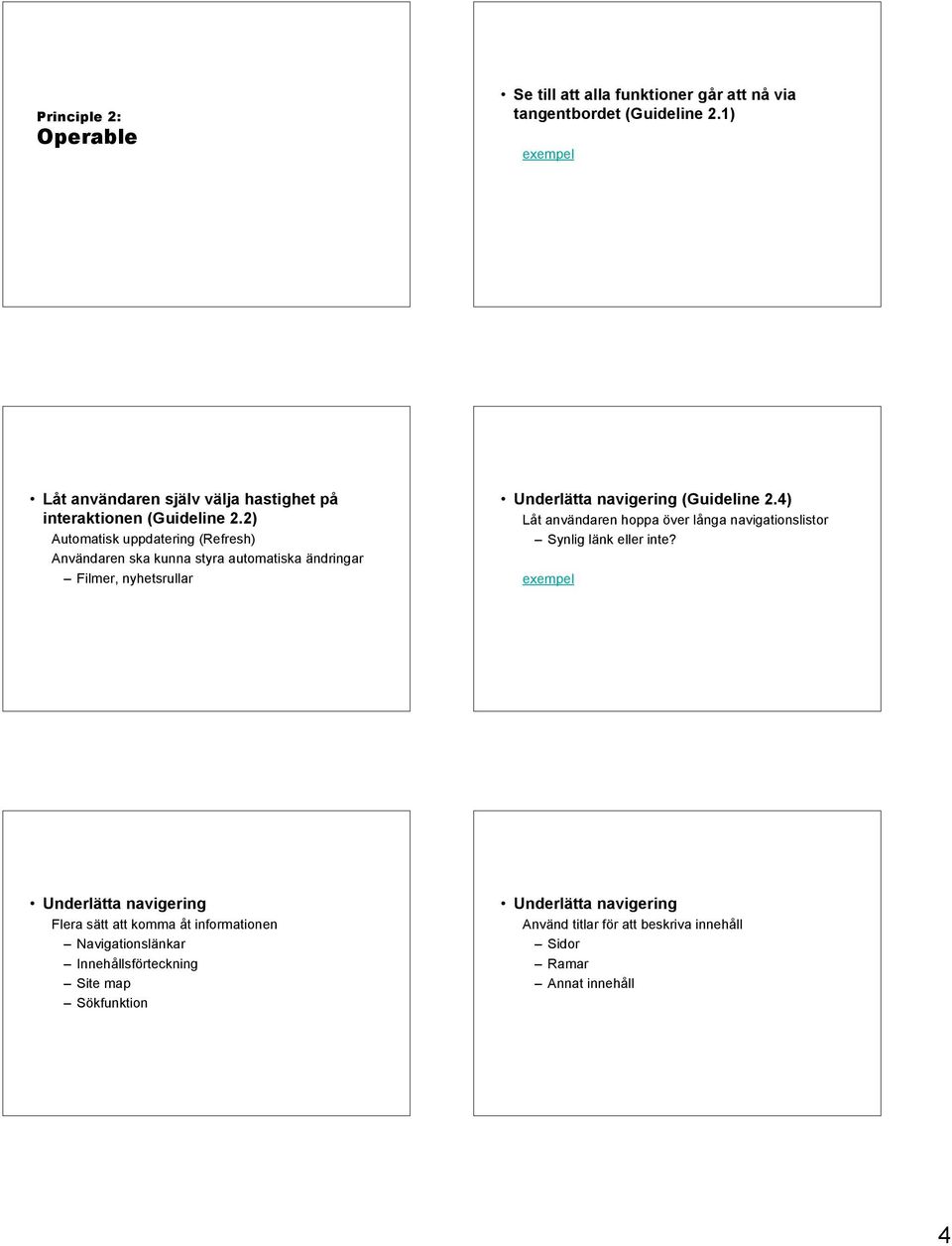 2) Automatisk uppdatering (Refresh) Användaren ska kunna styra automatiska ändringar Filmer, nyhetsrullar Underlätta navigering (Guideline 2.