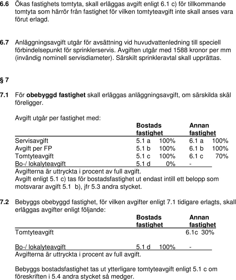 1 För obebyggd fastighet skall erläggas anläggningsavgift, om särskilda skäl föreligger. Avgift utgår per fastighet med: Bostads Annan fastighet fastighet Servisavgift 5.1 a 100% 6.