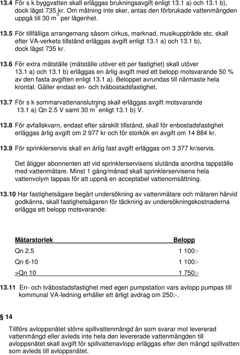 1 a). Beloppet avrundas till närmaste hela krontal. Gäller endast en- och tvåbostadsfastighet. 13.7 För s k sommarvattenanslutning skall erläggas avgift motsvarande 13.1 a) Qn 2.