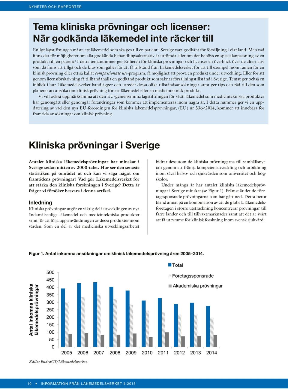 I detta temanummer ger Enheten för kliniska prövningar och licenser en överblick över de alternativ som då finns att tillgå och de krav som gäller för att få tillstånd från Läkemedelsverket för att