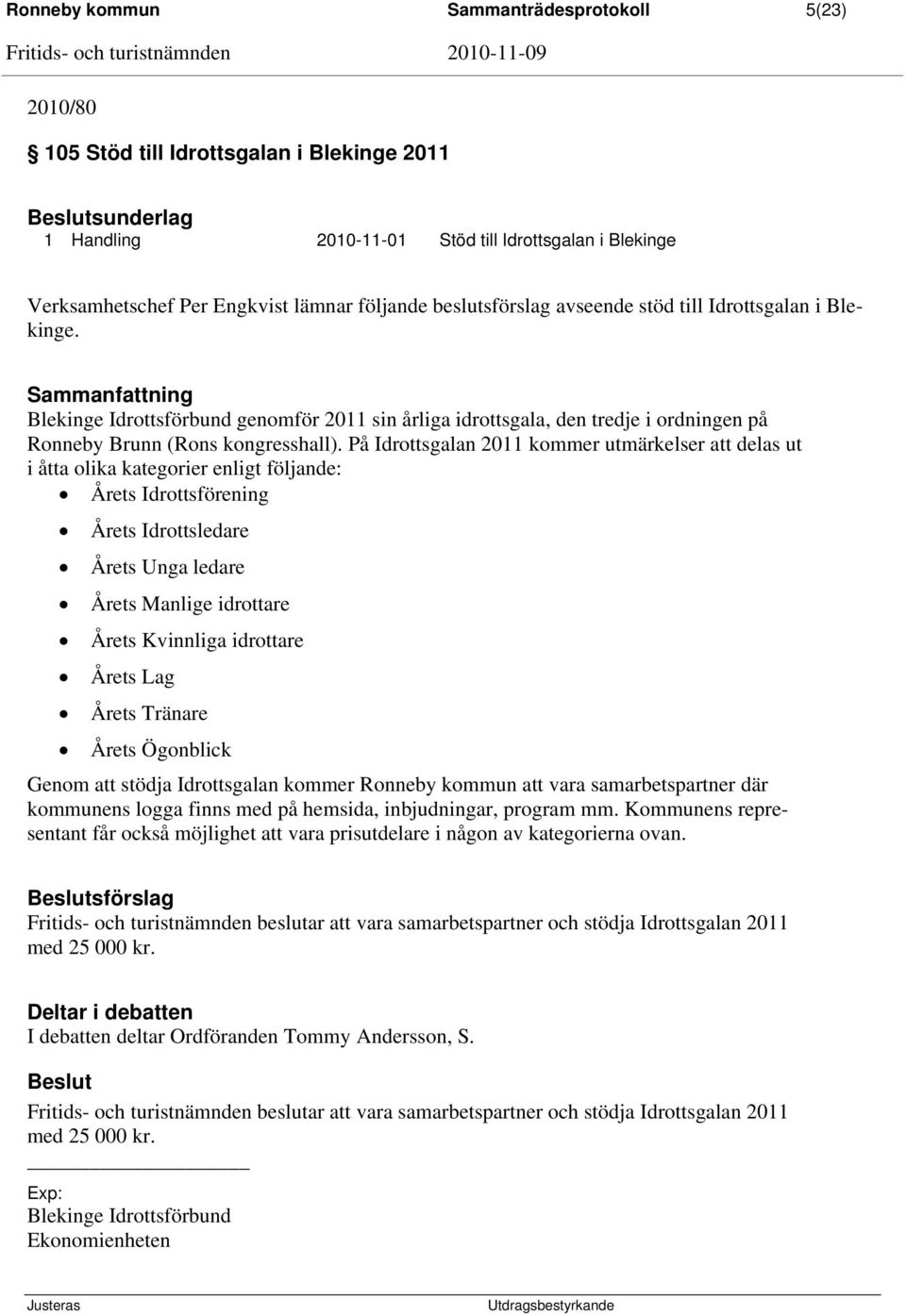 På Idrottsgalan 2011 kommer utmärkelser att delas ut i åtta olika kategorier enligt följande: Årets Idrottsförening Årets Idrottsledare Årets Unga ledare Årets Manlige idrottare Årets Kvinnliga