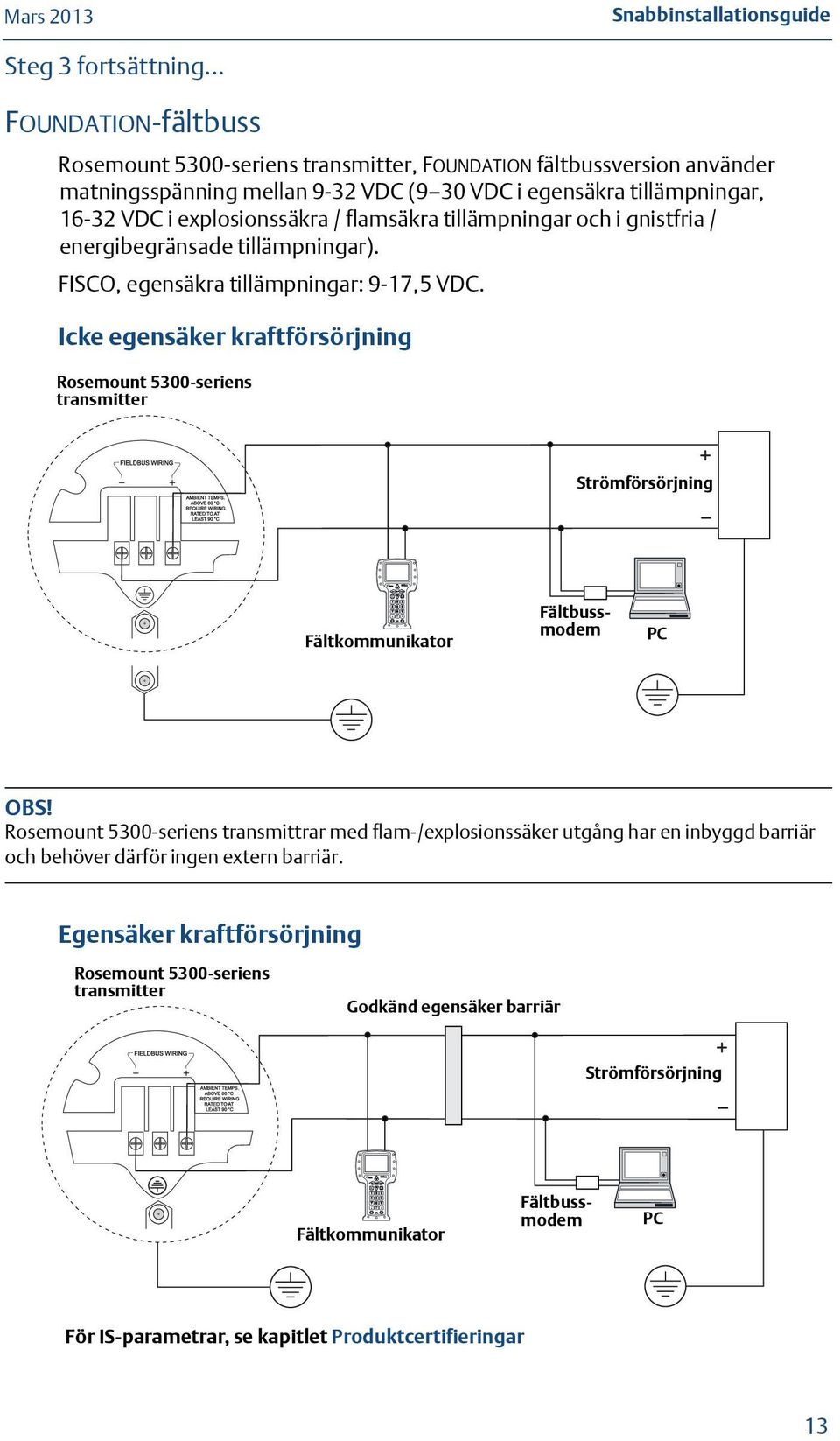 flamsäkra tillämpningar och i gnistfria / energibegränsade tillämpningar). FISCO, egensäkra tillämpningar: 9-17,5 VDC.