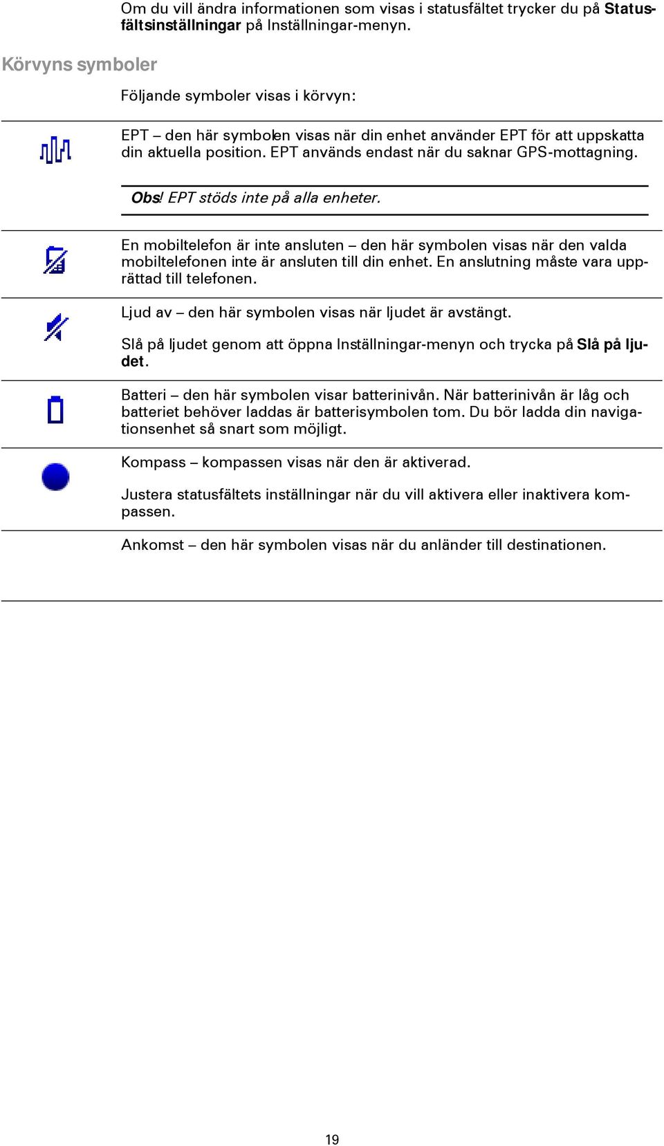 EPT stöds inte på alla enheter. En mobiltelefon är inte ansluten den här symbolen visas när den valda mobiltelefonen inte är ansluten till din enhet. En anslutning måste vara upprättad till telefonen.