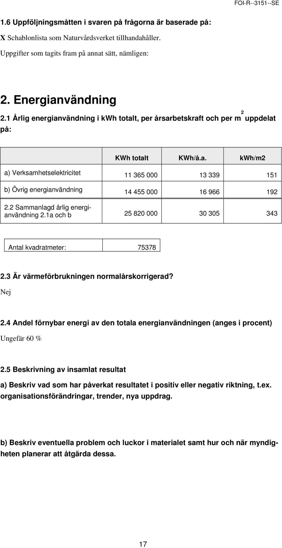 2 Sammanlagd årlig energianvändning 2.1a och b 25 820 000 30 305 343 Antal kvadratmeter: 75378 2.3 Är värmeförbrukningen normalårskorrigerad? Nej 2.