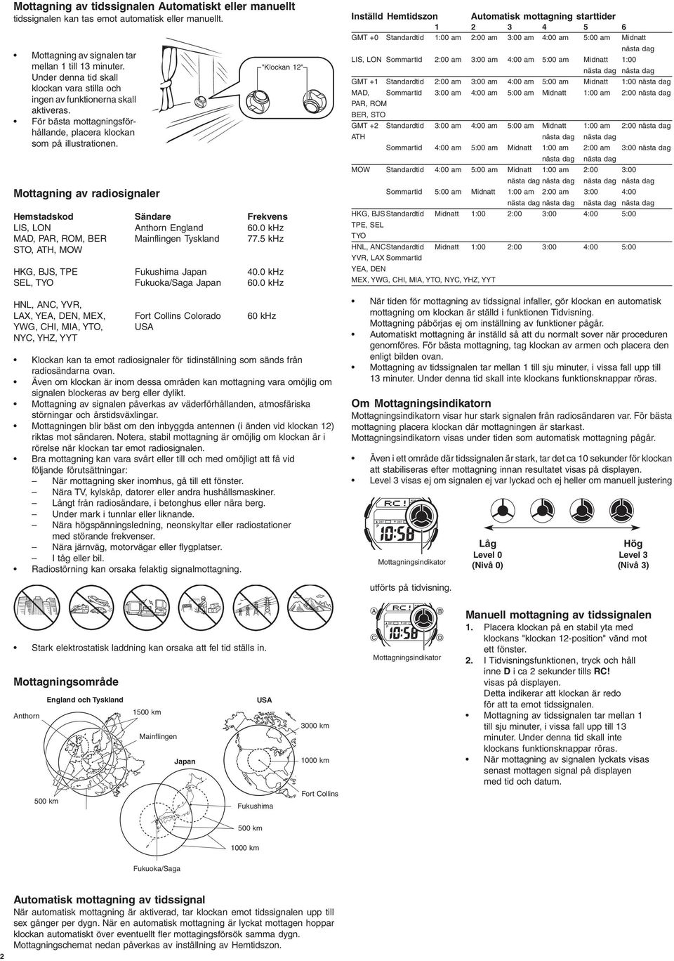 Mottagning av radiosignaler Hemstadskod Sändare Frekvens LIS, LON Anthorn England 60.0 khz MAD, PAR, ROM, BER Mainflingen Tyskland 77.5 khz STO, ATH, MOW HKG, BJS, TPE Fukushima Japan 40.