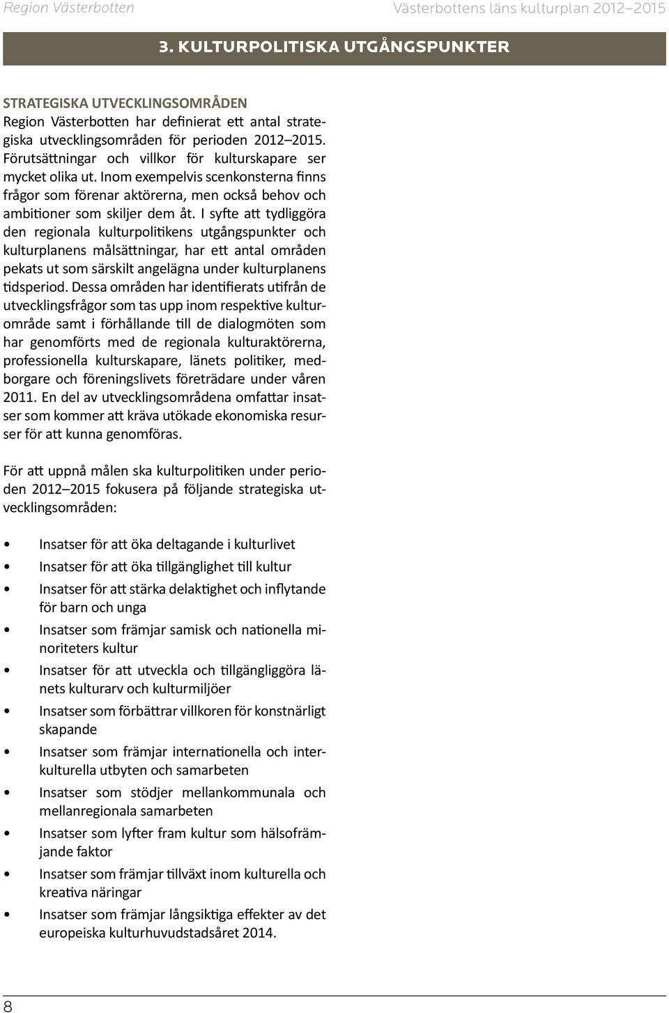 I syfte att tydliggöra den regionala kulturpolitikens utgångspunkter och kulturplanens målsättningar, har ett antal områden pekats ut som särskilt angelägna under kulturplanens tidsperiod.