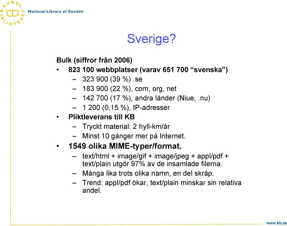 nu) 1 200 (0,15 %), IP-adresser Pliktleverans till KB Tryckt material: 2 hyll-km/år Minst 10 gånger mer på Internet.