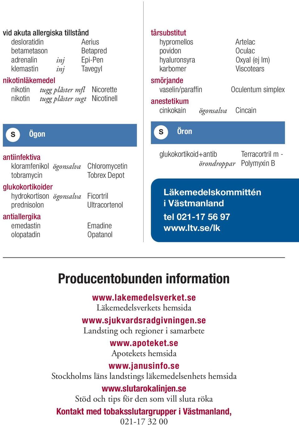 Öron antiinfektiva kloramfenikol ögonsalva tobramycin glukokortikoider hydrokortison ögonsalva prednisolon antiallergika emedastin olopatadin Chloromycetin Tobrex Depot Ficortril Ultracortenol