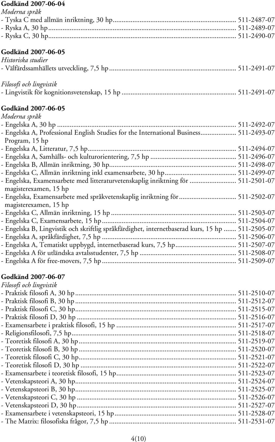.. 511-2493-07 Program, 15 hp - Engelska A, Litteratur, 7,5 hp... 511-2494-07 - Engelska A, Samhälls- och kulturorientering, 7,5 hp... 511-2496-07 - Engelska B, Allmän inriktning, 30 hp.