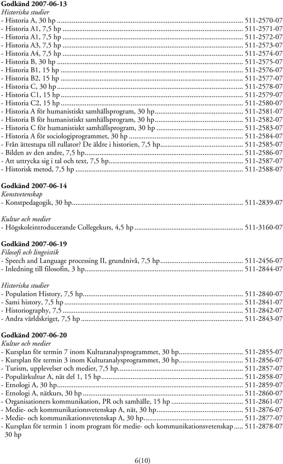 .. 511-2579-07 - Historia C2, 15 hp... 511-2580-07 - Historia A för humanistiskt samhällsprogram, 30 hp... 511-2581-07 - Historia B för humanistiskt samhällsprogram, 30 hp.