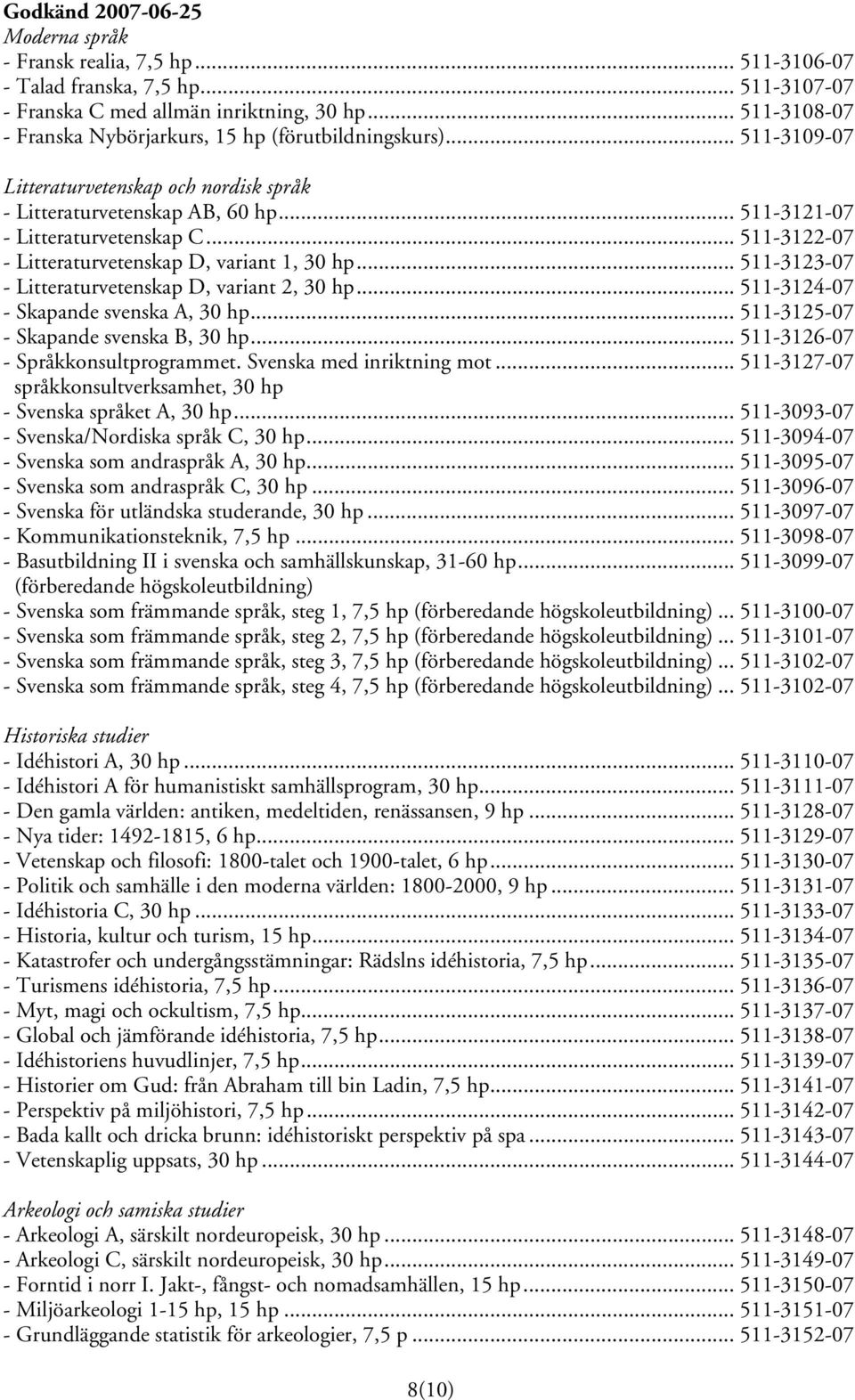 .. 511-3122-07 - Litteraturvetenskap D, variant 1, 30 hp... 511-3123-07 - Litteraturvetenskap D, variant 2, 30 hp... 511-3124-07 - Skapande svenska A, 30 hp... 511-3125-07 - Skapande svenska B, 30 hp.