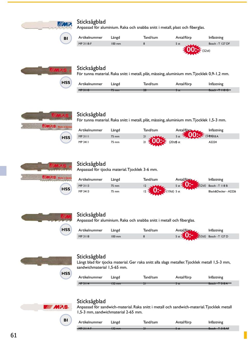 MP 3111 75 mm 21 5 st 00:- (54st) T 118 A MP 3411 75 mm 21 00:- (20st) 5 st A2224 Anpassad för tjocka material. Tjocklek 3-6 mm.