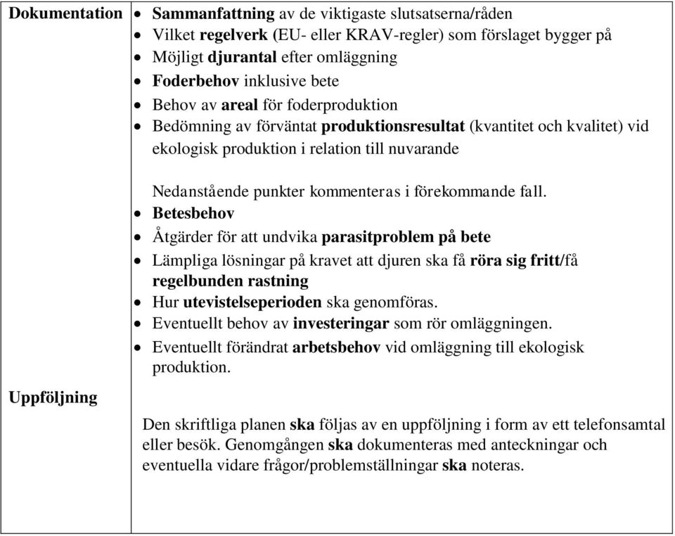 Betesbehov Åtgärder för att undvika parasitproblem på bete Lämpliga lösningar på kravet att djuren ska få röra sig fritt/få regelbunden rastning Hur utevistelseperioden ska genomföras.