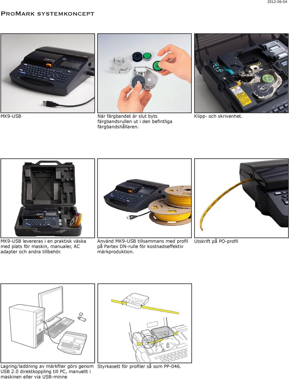 Använd MK9-USB tillsammans med profil på Partex DN-rulle för kostnadseffektiv märkproduktion.