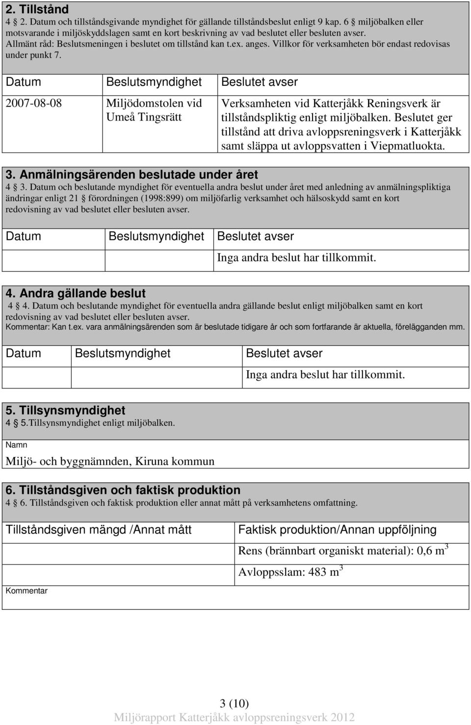 Villkor för verksamheten bör endast redovisas under punkt 7.