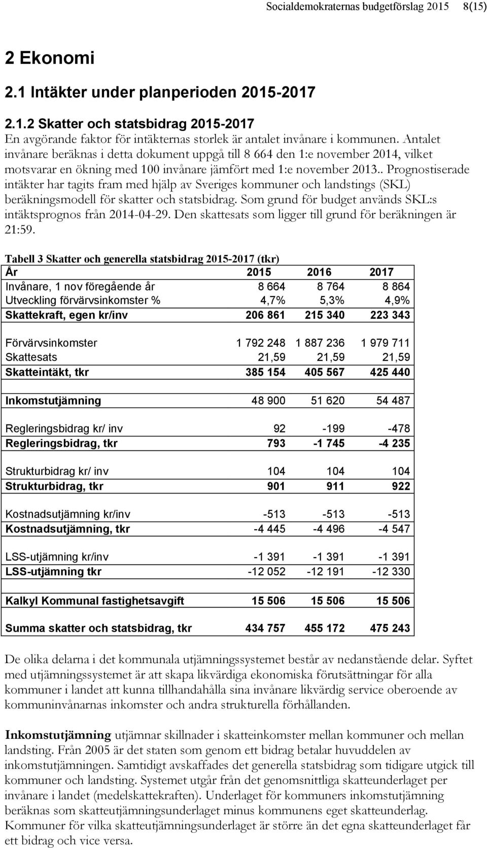 . Prognostiserade intäkter har tagits fram med hjälp av Sveriges kommuner och landstings (SKL) beräkningsmodell för skatter och statsbidrag.