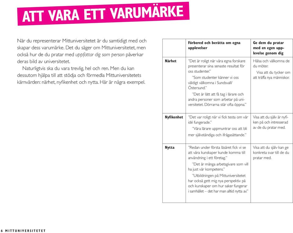 Men du kan dessutom hjälpa till att stödja och förmedla Mittuniversitetets kärnvärden: närhet, nyfikenhet och nytta. Här är några exempel.