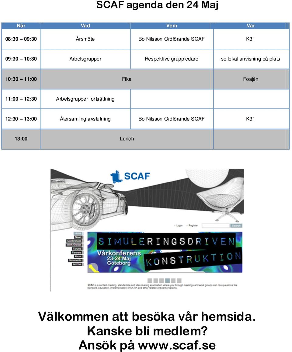 11:00 12:30 Arbetsgrupper fortsättning 12:30 13:00 Återsamling avslutning Bo Nilsson Ordförande