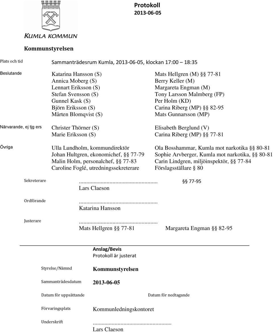 tjg ers Christer Thörner (S) Elisabeth Berglund (V) Marie Eriksson (S) Carina Riberg (MP) 77-81 Övriga Ulla Lundholm, kommundirektör Ola Bosshammar, Kumla mot narkotika 80-81 Johan Hultgren,