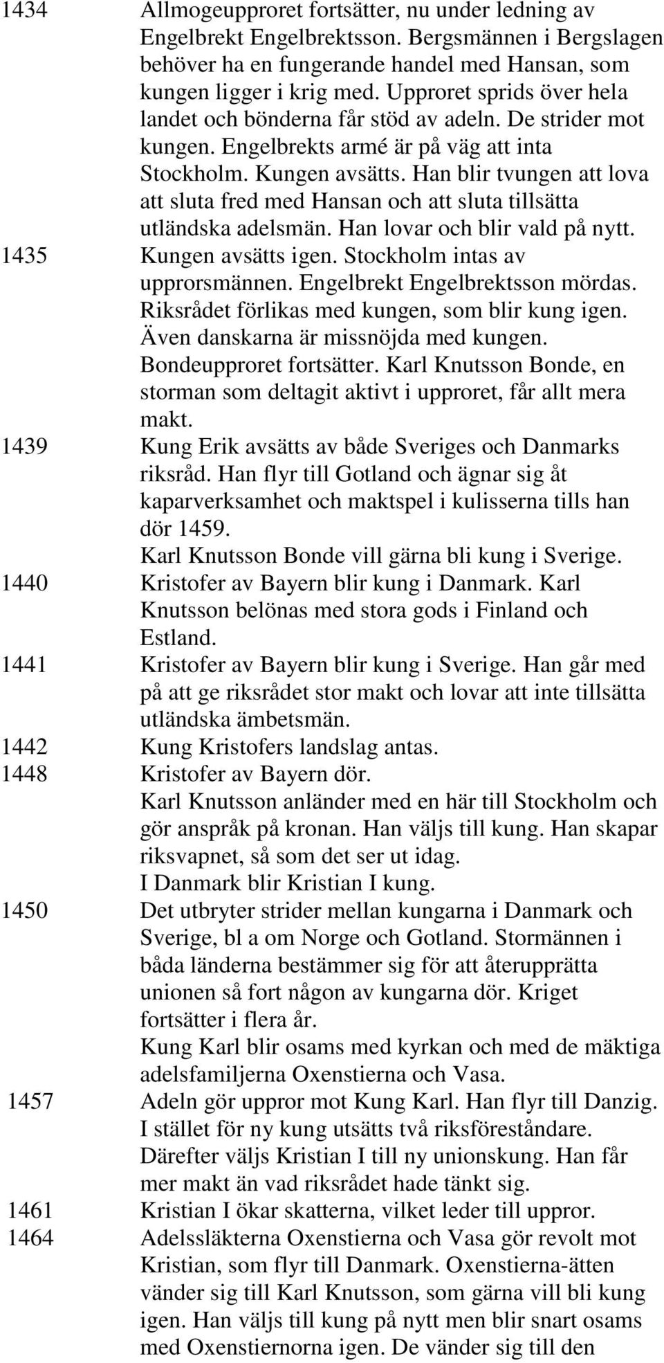 Han blir tvungen att lova att sluta fred med Hansan och att sluta tillsätta utländska adelsmän. Han lovar och blir vald på nytt. 1435 Kungen avsätts igen. Stockholm intas av upprorsmännen.