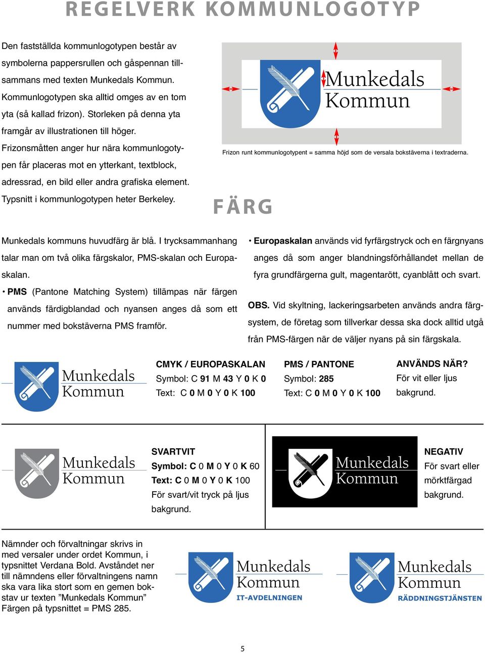 Frizonsmåtten anger hur nära kommunlogotypen får placeras mot en ytterkant, textblock, adressrad, en bild eller andra grafiska element. Typsnitt i kommunlogotypen heter Berkeley.