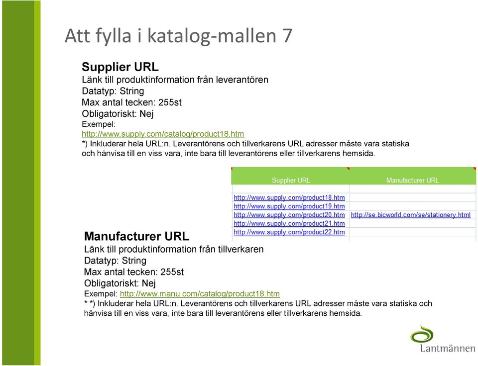 Leverantörens och tillverkarens URL adresser måste vara statiska och hänvisa till en viss vara, inte bara till leverantörens eller tillverkarens hemsida.