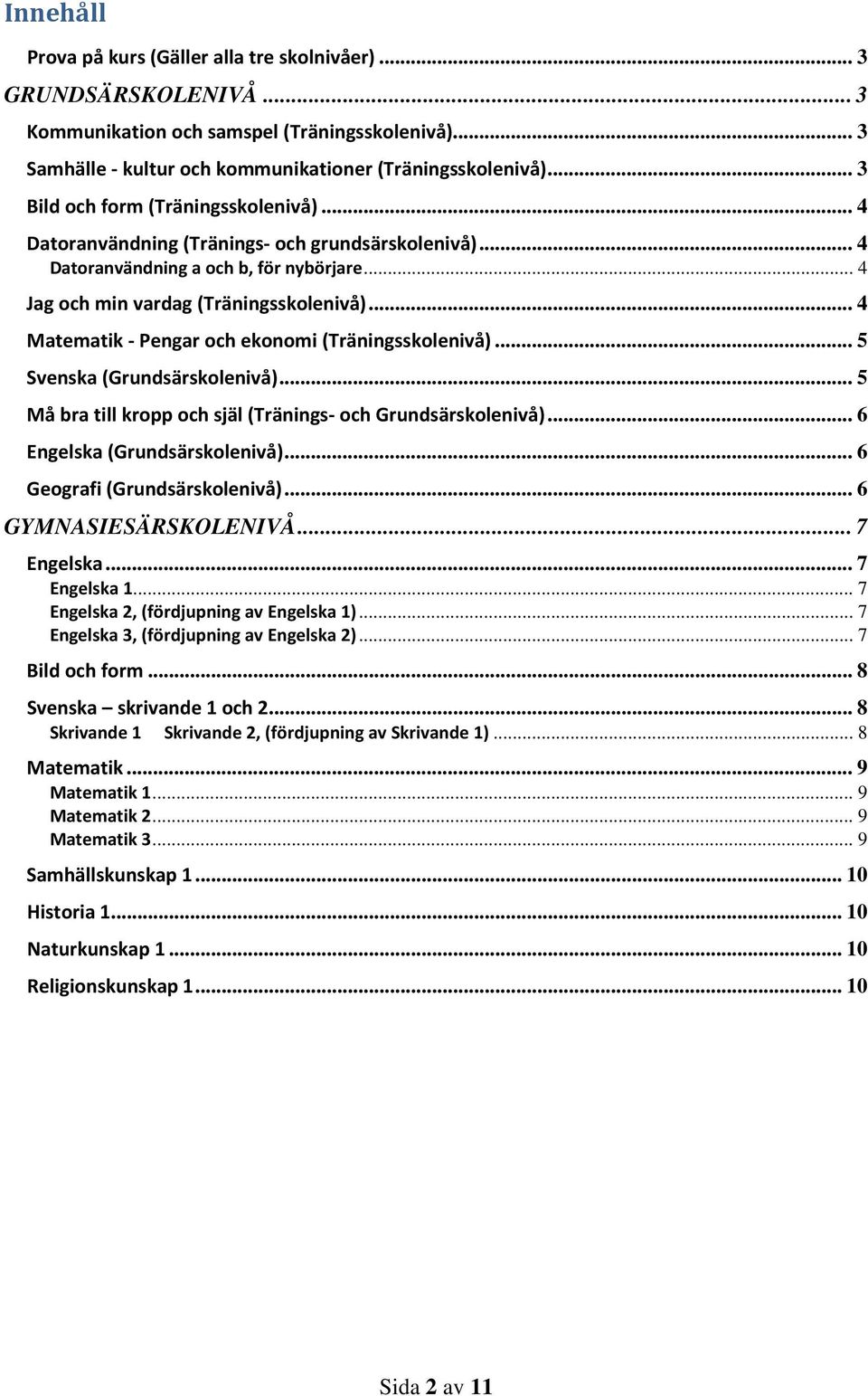 .. 4 Matematik - Pengar och ekonomi (Träningsskolenivå)... 5 Svenska (Grundsärskolenivå)... 5 Må bra till kropp och själ (Tränings- och Grundsärskolenivå)... 6 Engelska (Grundsärskolenivå).