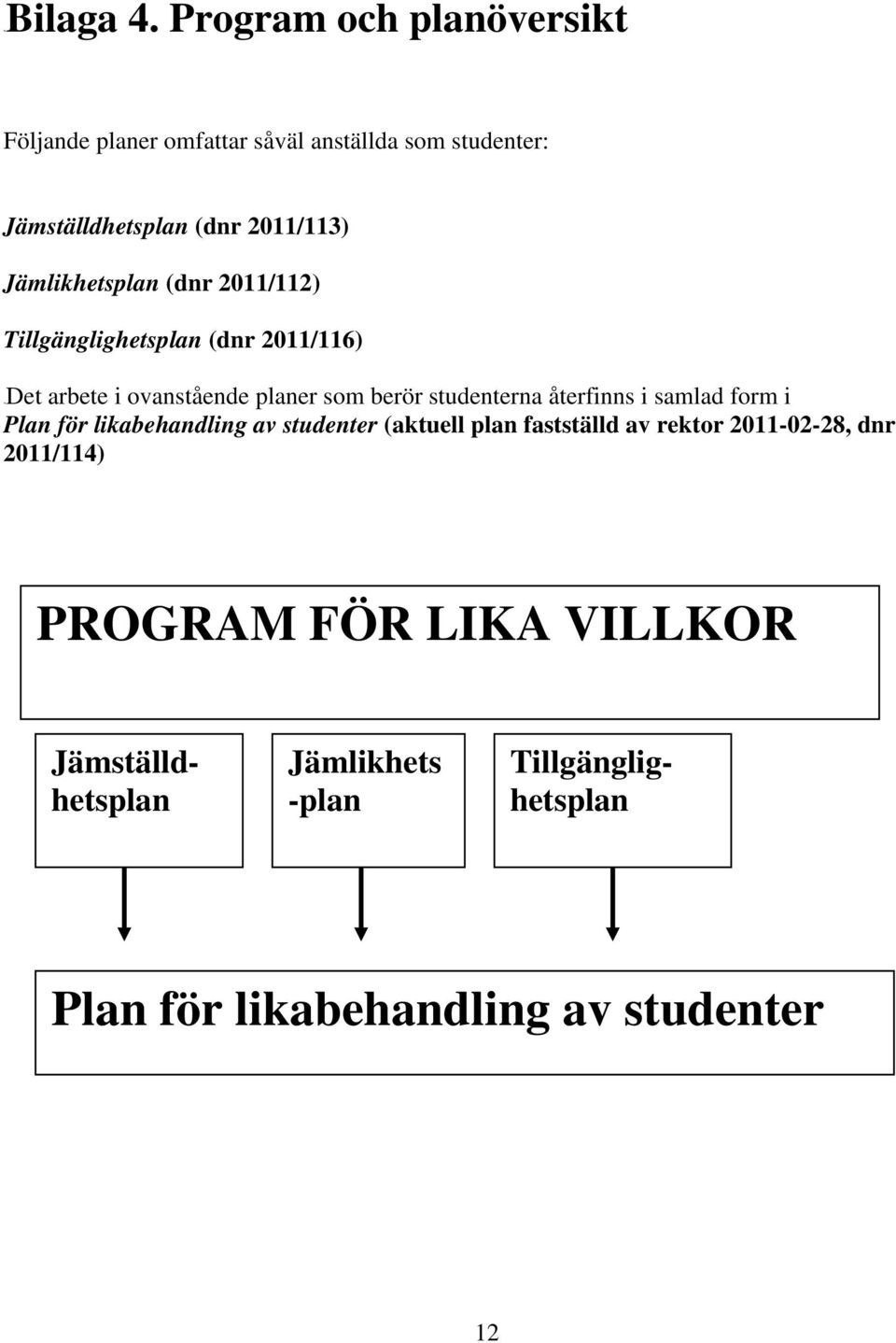 Jämlikhetsplan (dnr 2011/112) Tillgänglighetsplan (dnr 2011/116) 2BDet arbete i ovanstående planer som berör studenterna