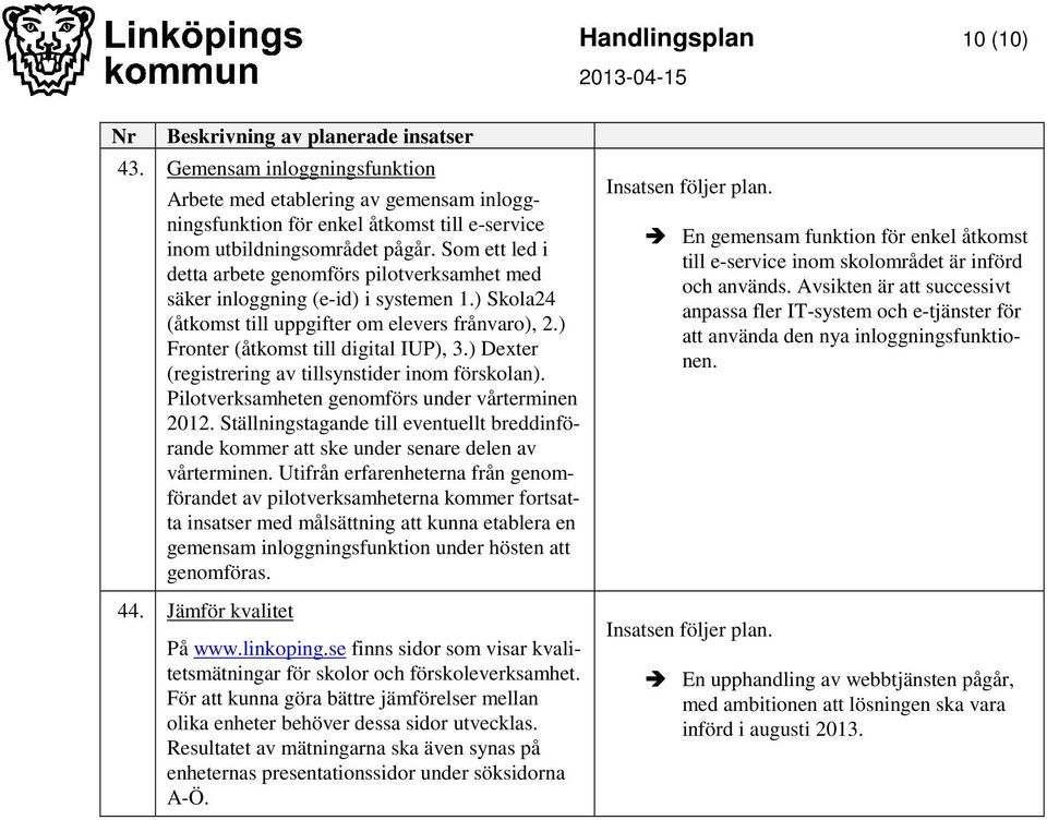 ) Dexter (registrering av tillsynstider inom förskolan). Pilotverksamheten genomförs under vårterminen 2012.