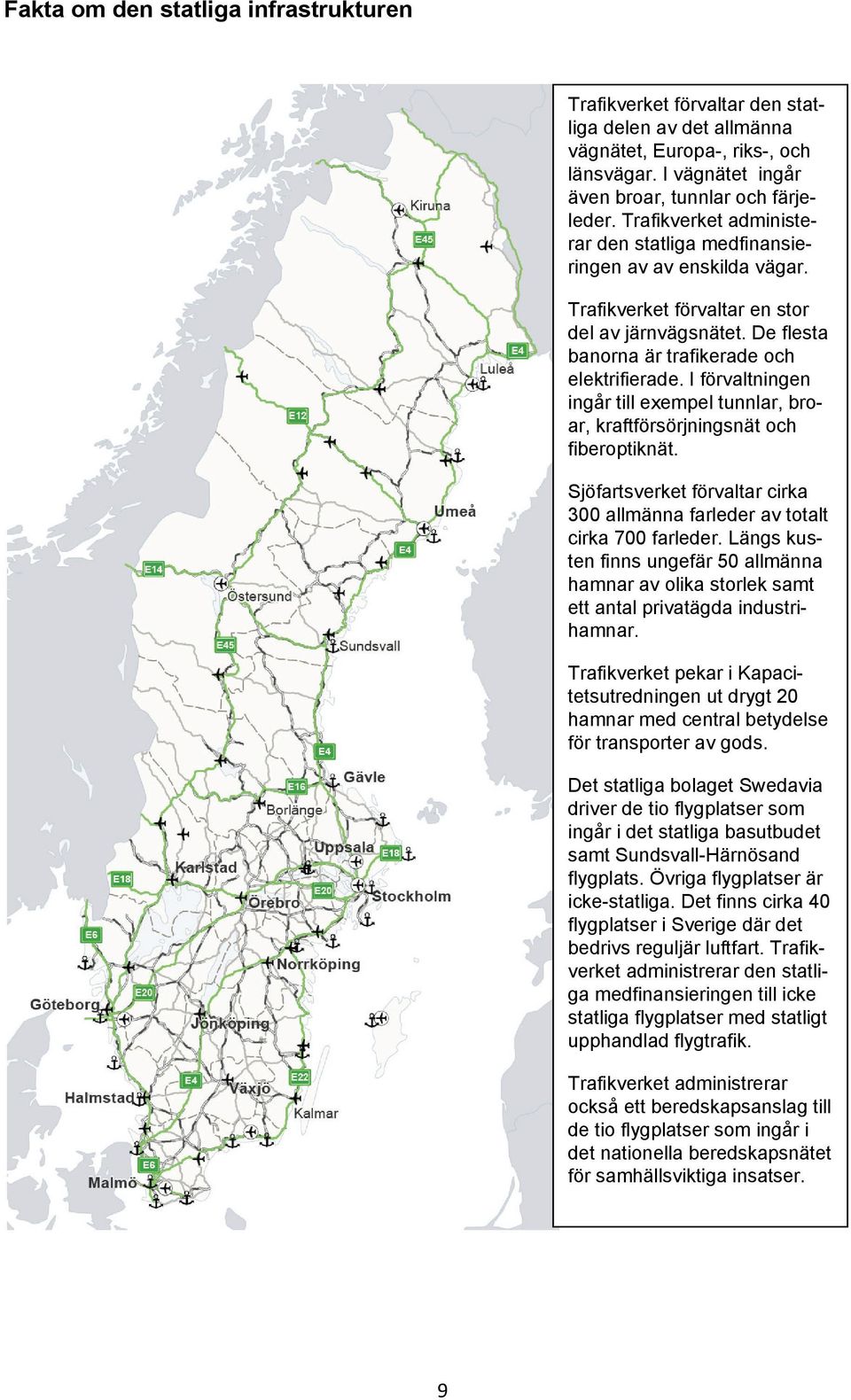 I förvaltningen ingår till eempel tunnlar, broar, kraftförsörjningsnät och fiberoptiknät. Sjöfartsverket förvaltar cirka 300 allmänna farleder av totalt cirka 700 farleder.