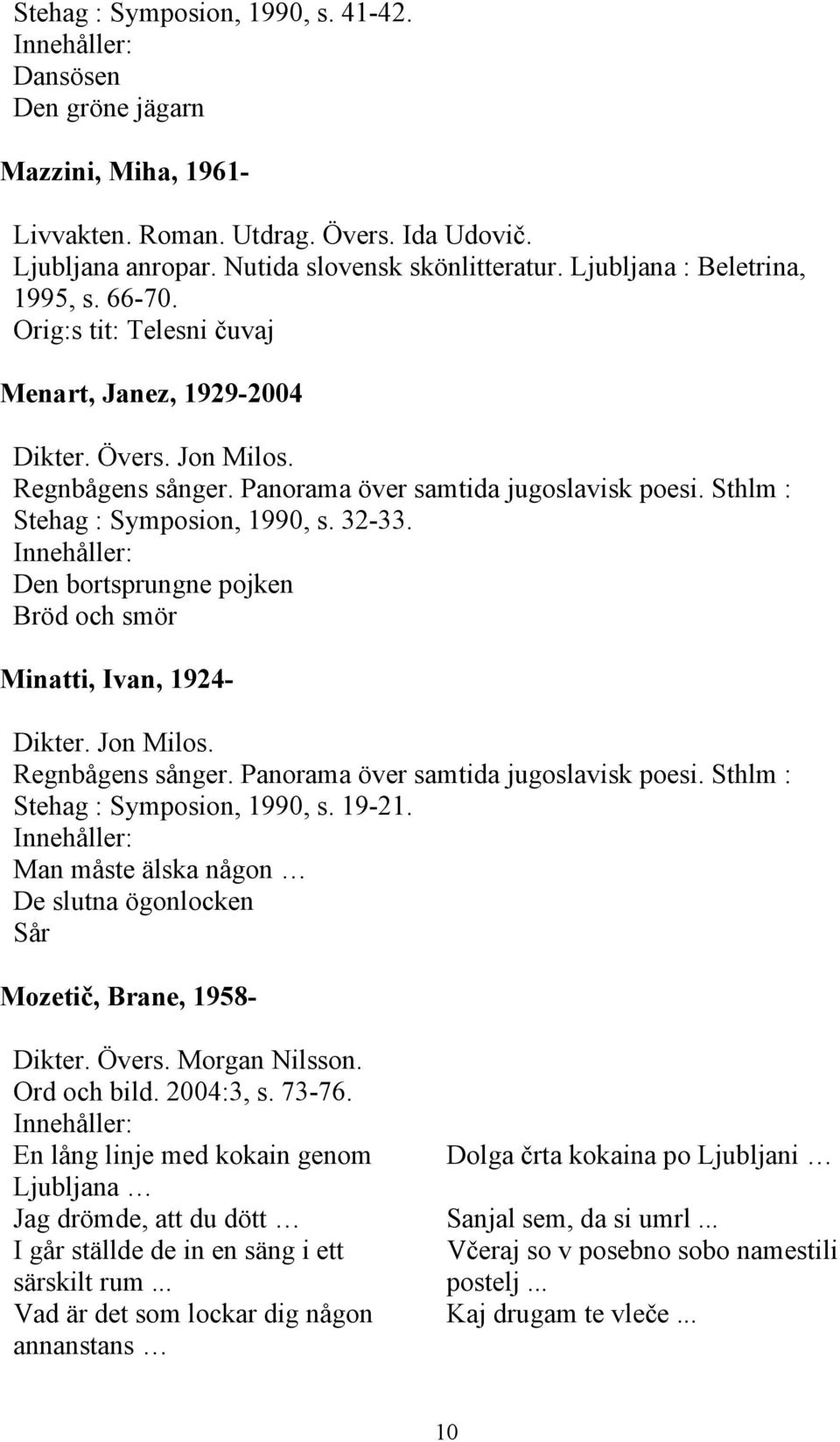 Jon Milos. Stehag : Symposion, 1990, s. 19-21. Man måste älska någon De slutna ögonlocken Sår Mozetič, Brane, 1958- Dikter. Övers. Morgan Nilsson. Ord och bild. 2004:3, s. 73-76.