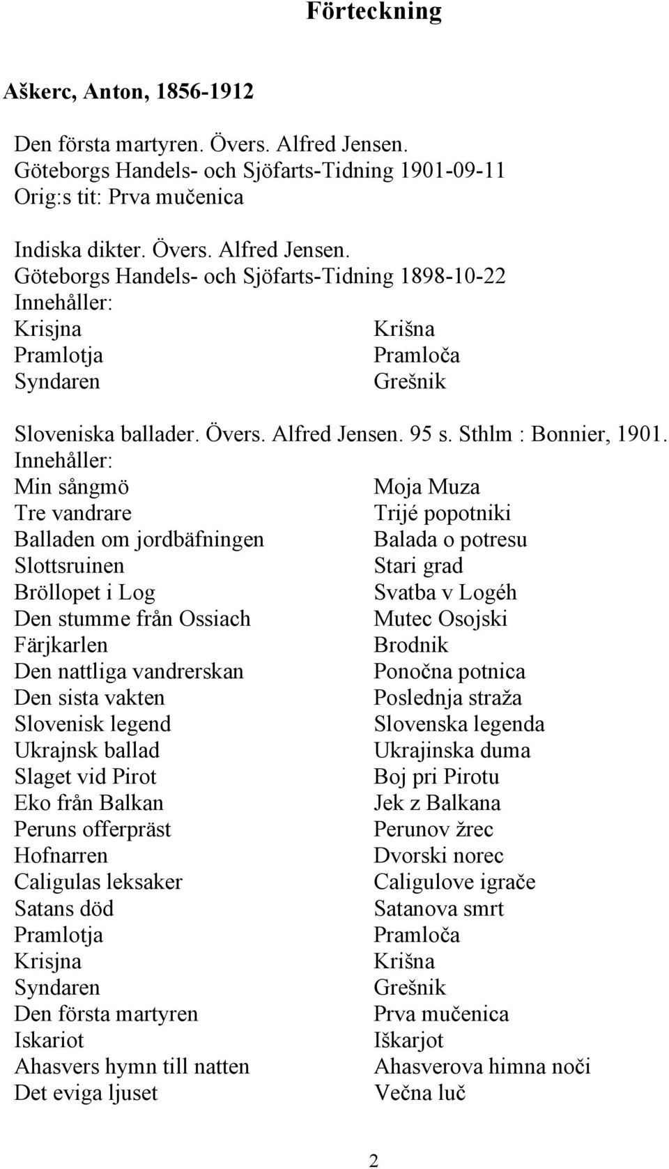 Göteborgs Handels- och Sjöfarts-Tidning 1898-10-22 Krisjna Krišna Pramlotja Pramloča Syndaren Grešnik Sloveniska ballader. Övers. Alfred Jensen. 95 s. Sthlm : Bonnier, 1901.