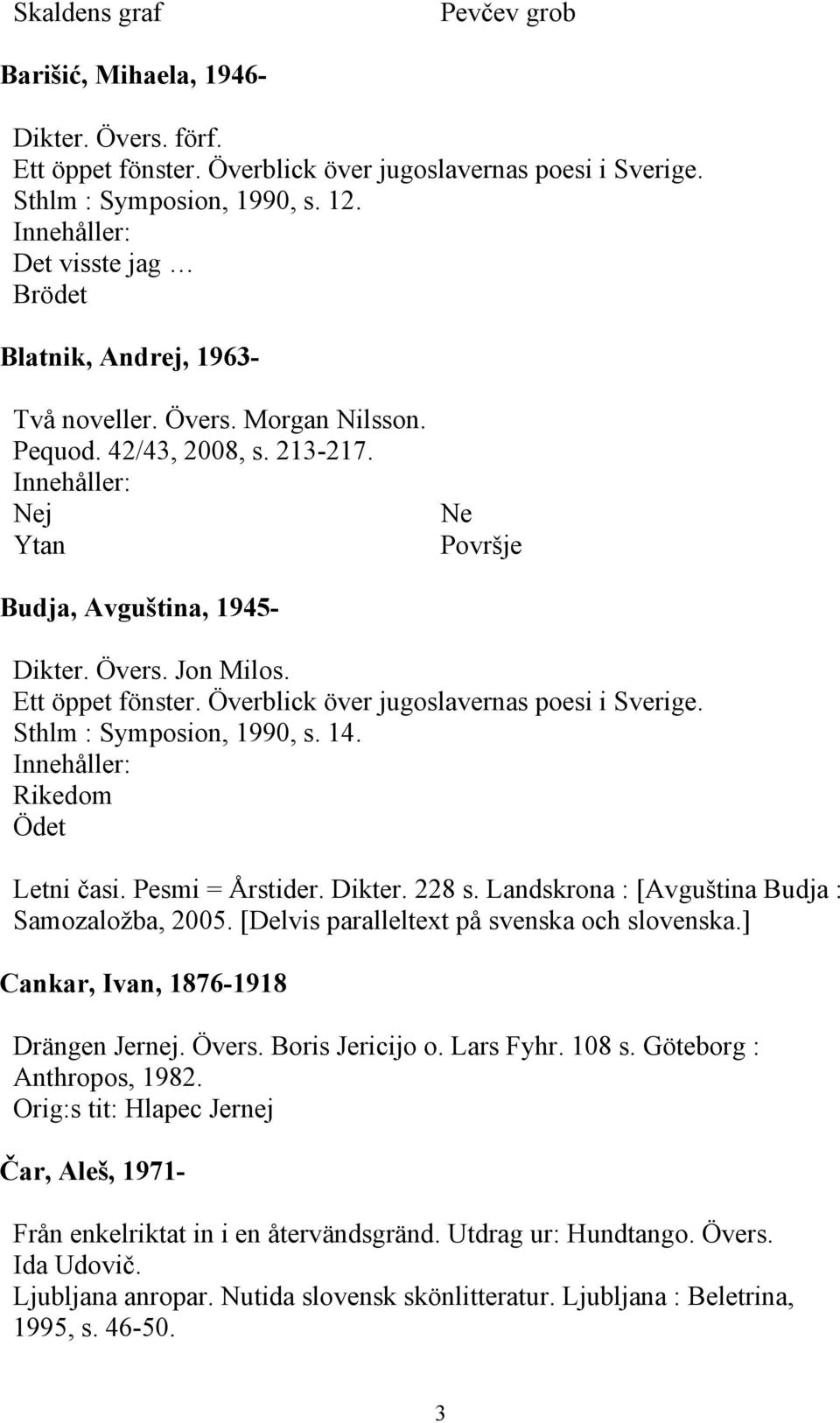Överblick över jugoslavernas poesi i Sverige. Sthlm : Symposion, 1990, s. 14. Rikedom Ödet Letni časi. Pesmi = Årstider. Dikter. 228 s. Landskrona : [Avguština Budja : Samozaložba, 2005.