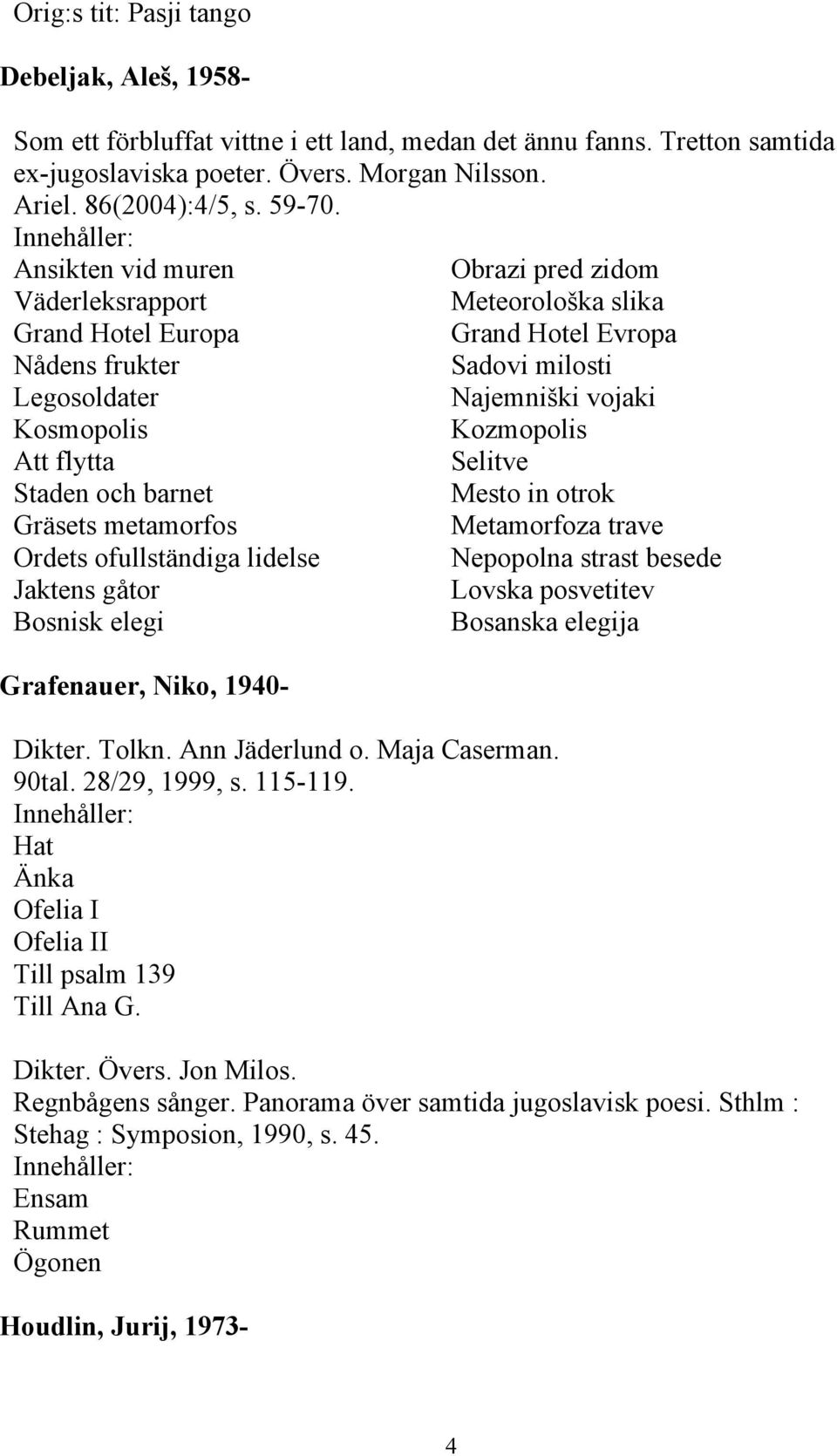 flytta Selitve Staden och barnet Mesto in otrok Gräsets metamorfos Metamorfoza trave Ordets ofullständiga lidelse Nepopolna strast besede Jaktens gåtor Lovska posvetitev Bosnisk elegi Bosanska